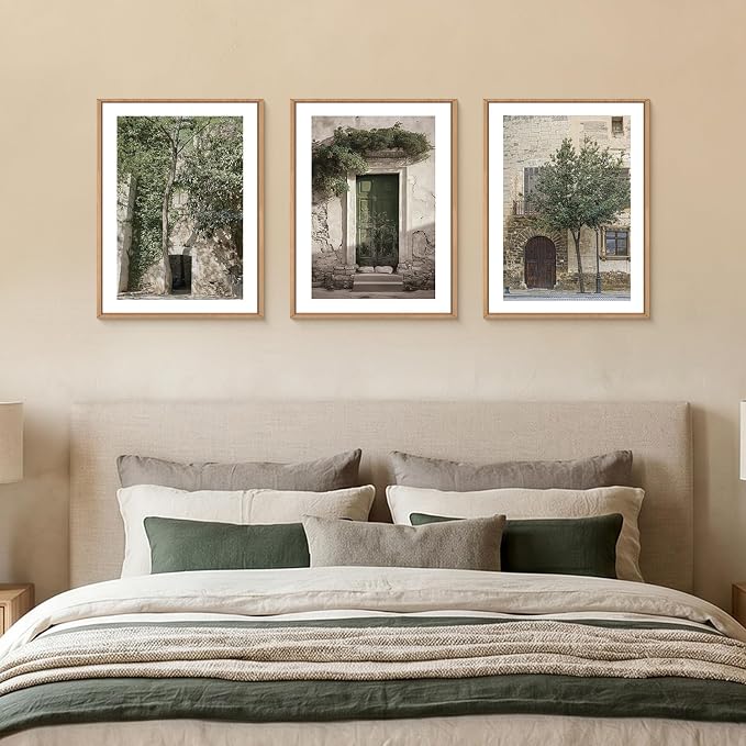 HOURIA Vintage Italy City Landscape Framed Canvas Wall Art Set,Sage Green Olive Tree Old House Wall Decor,Modern Mediterranean Country Cityscape Artwork for Living Room,Bedroom,Farmhouse-12 x16 x3