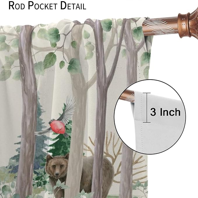Forest Animal Kids Curtains, Wild Rustic Bear Fox Deer Children Cartoon Window Treatments for Living Room, Watercolor Blackout Drapes 2 Panel Sets,63x72 Inch