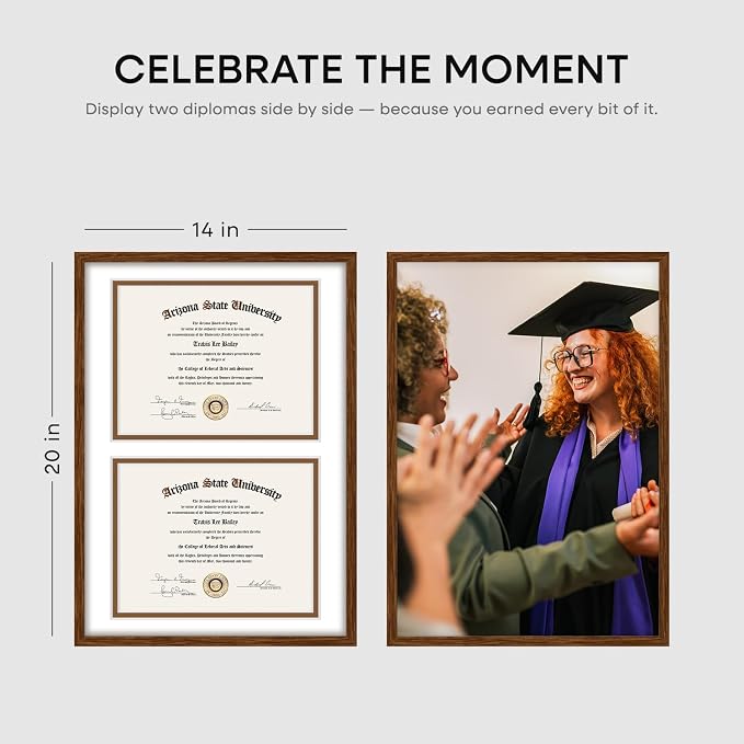 Homeforia 14x20 Double Diploma Frame Brown, High End Dark Oak 14 x 20 Wood Certificate Frames with Mat for Two 8.5x11 Diplomas, 14by20 Dual Walnut Graduation Frames, Tempered Glass, Wall Kit, Set of 2