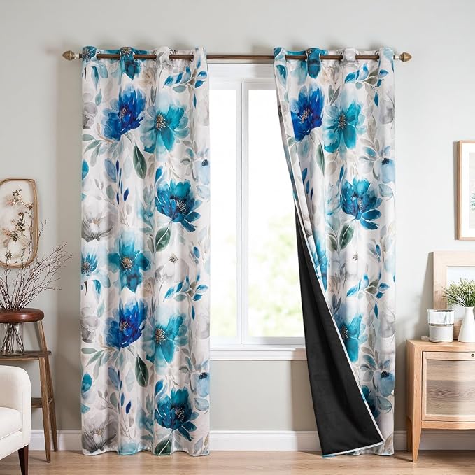 Floral 100% Blackout Curtains 84 Inches Long 2 Panels for Bedroom Vintage Blue Watercolour Patterned Room Darkening Curtain Thermal Insulated Black Out Window Drapes for Living Room, 52x84 inch