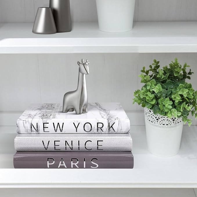 Set of 3 Decorative Books for Home Decor-Silver Foil Stamping Decor Books,Fashion Designer Books for Coffee Tables and Book Shelf Decoration