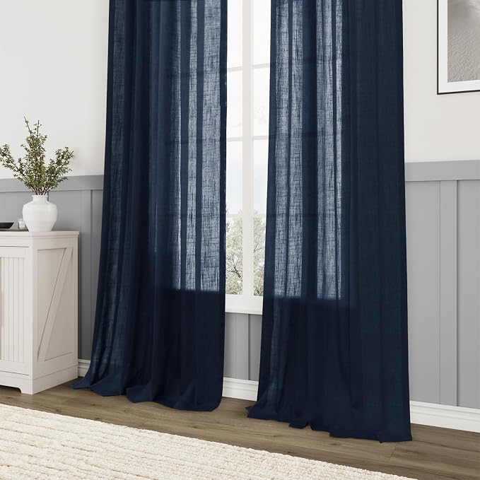 Aersas Navy Linen Curtains 120 Inches Long for Bedroom 2 Panels Back Tab Pocket Drapes Light Filtering Semi Sheer Privacy Dark Blue Curtains for Living Room 52x120
