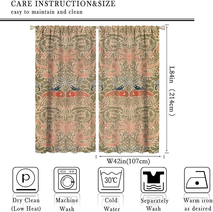 Retro Bohemian William Morris Blackout Window Curtains, Vintage Peacock Abstract Art Pattern Print Window Drapes, for Bedroom Living Room 42(W)*84(L) 2 Panels