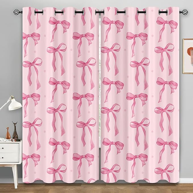 LUVIVIHOME Pink Bow Curtains, Cute Blackout Curtains for Girls Bedroom, Kids Room Decor, Aesthetic Girly Curtains, 2 Panel Sets, 42x84 Inch