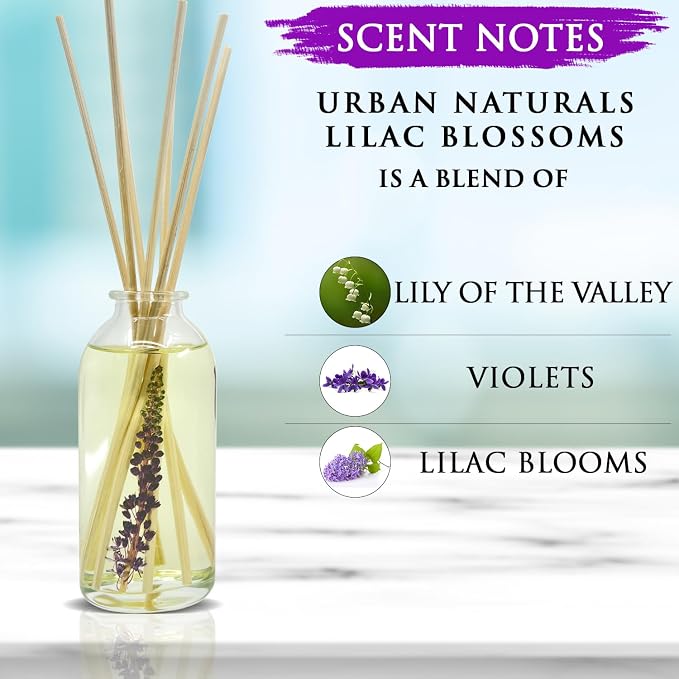 Urban Naturals Reed Diffuser Set, Lilac Blossoms - Bathroom Shelf Décor | Made with Essential Oils & Real Botanicals, Lily of The Valley, Violets & Lilac, Made in the USA