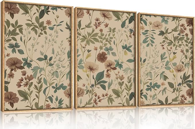 Vintage Floral Botanical Framed Canvas Wall Art Set,Abstract Neutral Wildflower Wall Decor,Mid Century Retro Flower Nature Artwork for Living Room,Bedroom,Farmhouse- 24"x36"x3