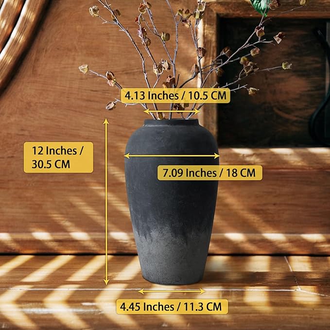 Ceramic Rustic Farmhouse Vase, 12 Inch Black Handmade Pottery Flower Vase for Home Decor, Rustic Living Room Decor, Wedding Gifts, Shelf & Table Decoration