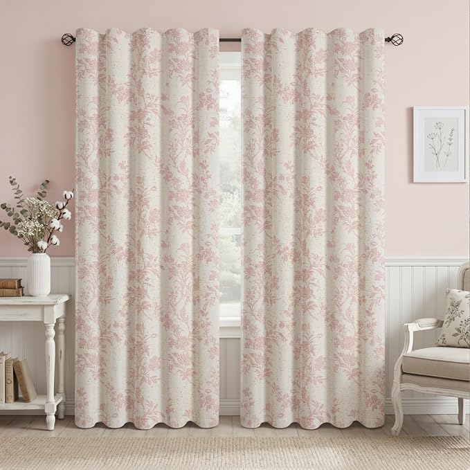 Pink Floral 100% Blackout Curtains for Bedroom 84 Inch Length 2 Panels Set, Linen Texture Farmhouse Curtains for Living Room
