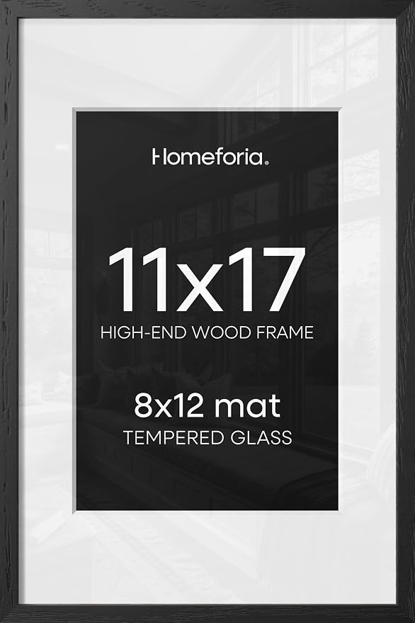 Homeforia 11x17 Picture Frame Black Wood, High End Oak 11x17 Poster Frames with Mat 8x12, 11 x 17 Wooden Frame Matted to 8 x 12 inch Photo, 17x11 Thin Hanging Frame, Tempered Glass, Wall Kit, Set of 1