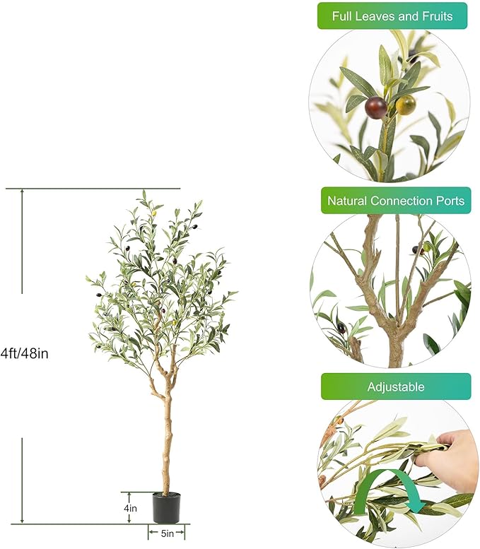 Nafresh Tall Faux Olive Tree，4Ft(48in) Realistic Texture Potted Silk Artificial Olive Tree， Fake Olive Trees Indoor Outdoor for Home Office Living Room Bedroom Foyer Porch Decor.