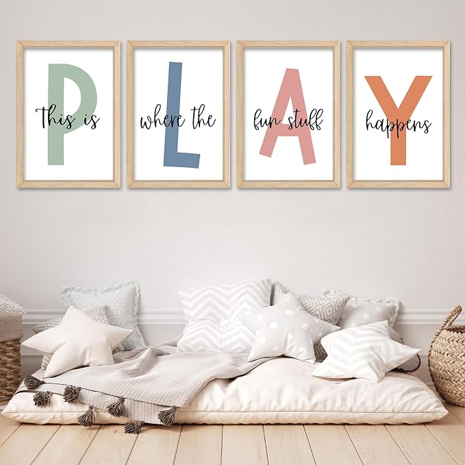 This Is Where Fun Stuff Happens Kids Playroom Wall Decor PLAY Quote Art | Motivational Prints for Nursery, Natural Wood Frame, Set of 4, 16x24 Inches , Let's Play Sign for Toddler Boys, Ready to Hang