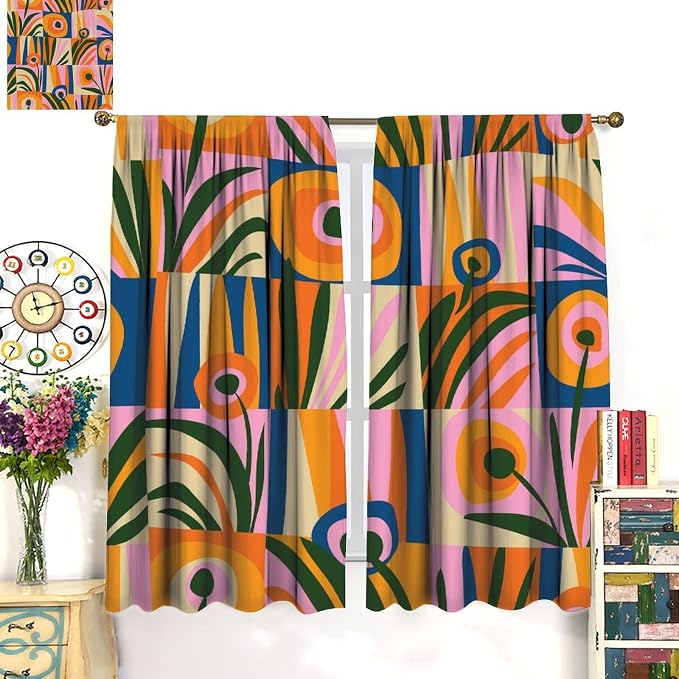 JESTRONRY Mid Century Boho Curtains, Modern Abstract Cute Retro Floral Vintage Checkered Flower Print Blackout Window Door Curtains for Bedroom Living Room Home Decor 42x63in