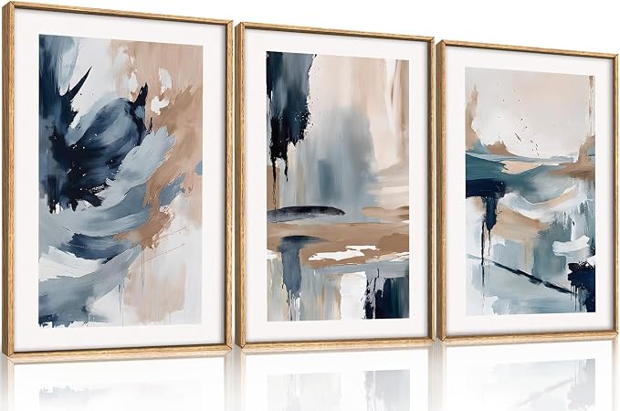 Abstract Navy Blue Framed Canvas Wall Art Set,Neutral Brush Stroke Wall Decor,Watercolor Pastel Brown Artwork,Modern Minimalist Color Block Art Print for Living Room,Bedroom,Office-24 x36 x3