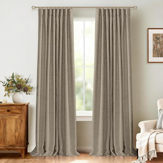 100% Blackout Shield Full Blackout Curtains for Bedroom 120 inch Length 2 Panels Set, Clip Rings/Rod Pocket Faux Linen Black Out Curtains for Living Room, Thermal Insulated, 50Wx120L, Faux Linen