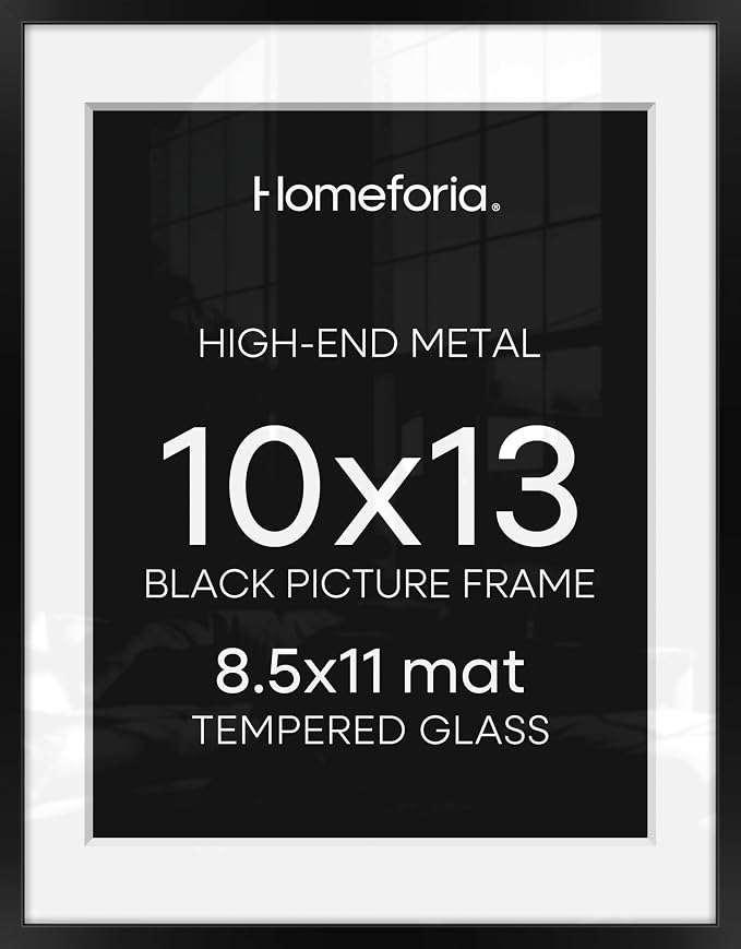 Homeforia Black 10x13 Picture Frame, High End Metal 10x13 Poster Frames with Mat 8.5x11, 10 x 13 Black Frames Matted to 8.5 x 11 inch Photo, 10 by 13 Hanging Frames, Tempered Glass, Wall Kit, Set of 1