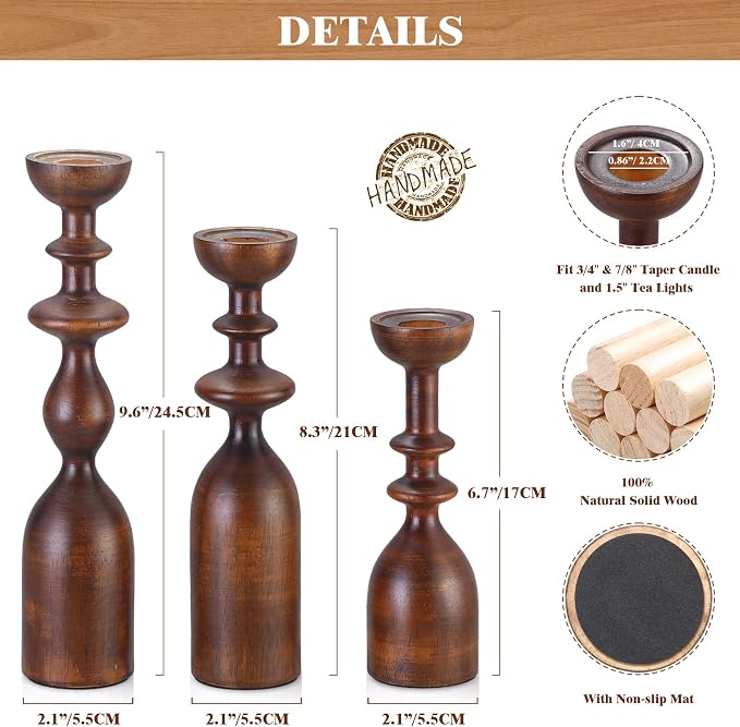 HOWSILAY Wood Candle Holders Set of 3, Fits Taper & Pillar Candles Brown | Solid Wood, 3 Assorted Heights, Farmhouse Table Centerpiece, Fits Taper LED Tea Pillar Candles, Non-Slip Base, Gift Box