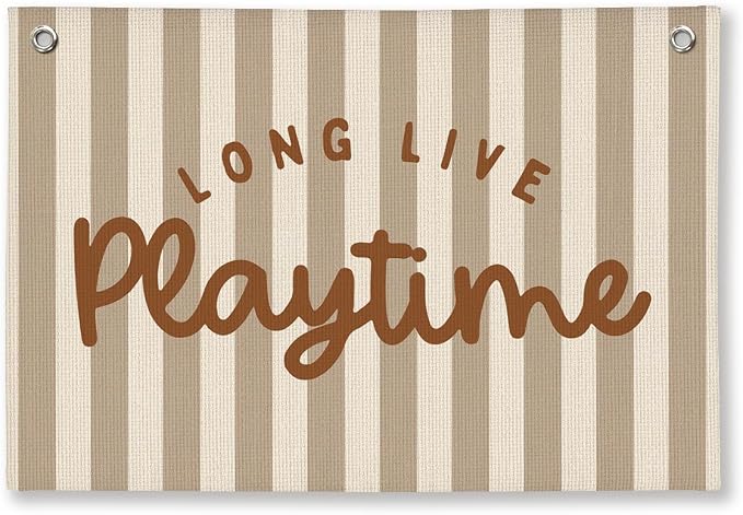 Play Decor, Long Live Playtime Wall Hanging Linen Banner, Brown Striped Wall Flag for Play Room Playroom Decor, 20x30 Inch-Brown