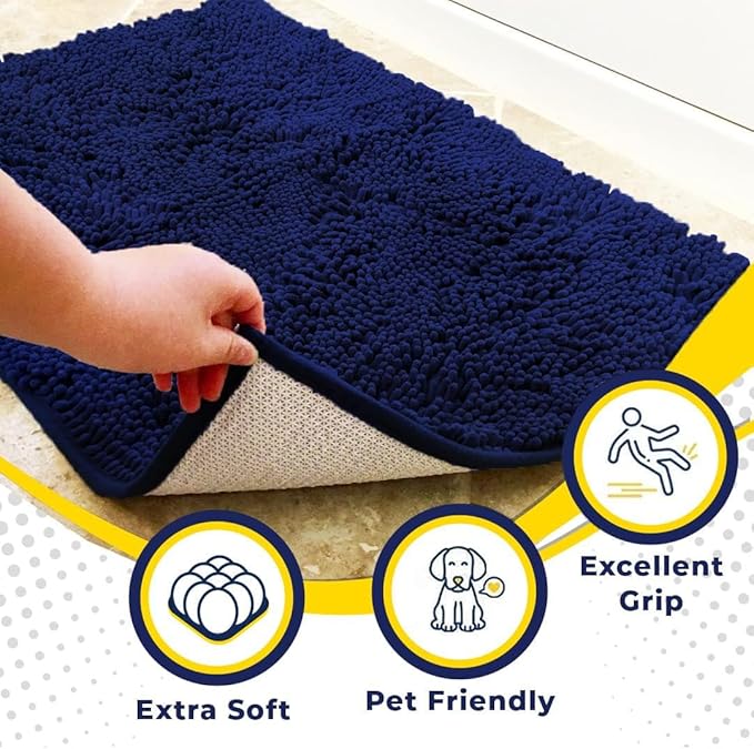 Muddy Mat® | Super Water Absorbent Door Mat Indoor, Microfiber Quick Dry Chenille Entryway Rug, Slip Resistant Front Door Mat, Indoor Mats for Entryway, Machine Washable Pet Rug, Navy Blue 3ft x 8ft