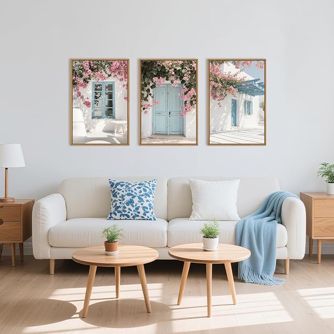 HOURIA Spring Modern Greek Island Cityscape Framed Canvas Wall Art Set,European White House Blue Door Shutter Landscape Wall Decor,Santorini Natural Pink Flower Artwork for Living Room, Bedroom-16"x24"x3