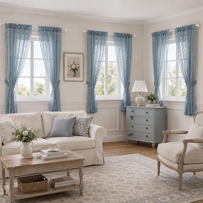 WAZZIO Boho Lace Curtains 2 Panels 63 Inch -Victorian Sheer Panel Drape French Country Floral Pattern & Tassel Light Filtering Privacy for Bedroom Dining Living Room,Coastal Decor,Dusty Blue,W52x L63