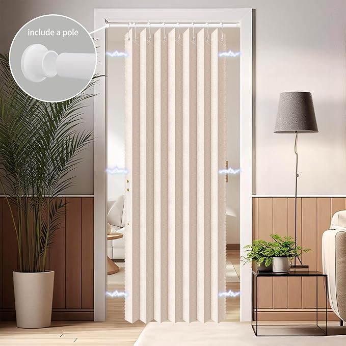 AJAZZ Set: Curtain Rods No Drilling (28-39" W) & Accordion Door Curtain, Beige 42W×78" L, Accordion Doors for Closet Doorway Room Divider
