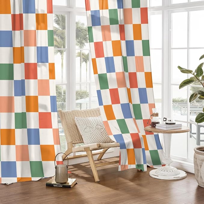 Colorful Checkered Curtains for Bedroom,Rod Pocket 60s 70s Semi Sheer Curtains Farmhouse Retro Checkerboard Light Filtering Drapes for Living Room,Set of 2 Window Curtain Panels,52 x 84 Inch