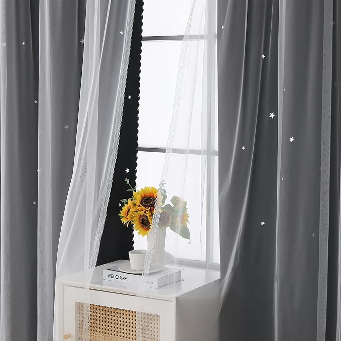 Black Out Curtains 120 Length for Boy Bedroom 2 Panels Set, Privacy Boho Room Darkening Curtain for Glass Door, Thick Grommet Top Star Cutout Cute Kids Curtain (40" W x 120" L)