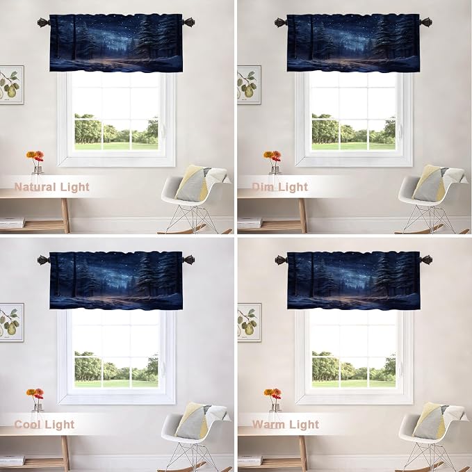 Shrahala Winter New Year Blackout Short Curtains for Windows, Stars Forests Snow Night Kitchen Valance Thermal Insulated Rod Pocket Window Treatment for Bathroom 2 Pack 52 X 18 in