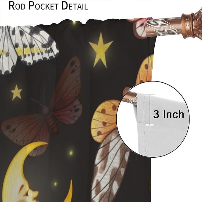 Sun Moon Blackout Window Curtains, Watercolor Butterflies Starry Moths Art Pattern Print Window Drapes, for Living Room Bedroom 42x63in 2 Panels