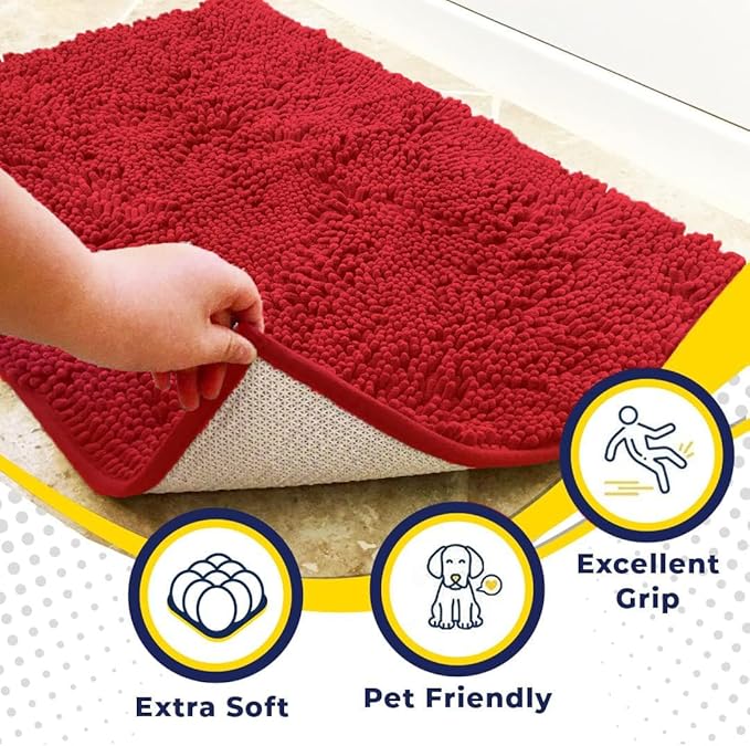Muddy Mat® | Super Water Absorbent Door Mat Indoor, Microfiber Quick Dry Chenille Entryway Rug, Slip Resistant Front Door Mat, Indoor Mats for Entryway, Machine Washable Pet Rug, Red 28"x18"
