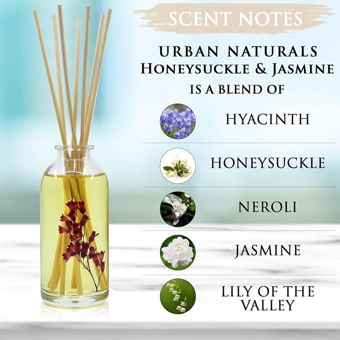 Urban Naturals Reed Diffuser Set, Honeysuckle & Jasmine - Bathroom Décor | Hyacinth, Cassis, Neroli & Geranium, Long Lasting Air Freshener for the Bedroom, Bathroom or Office, Made in the USA