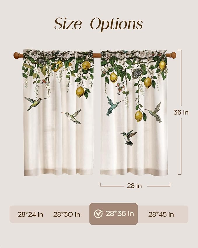 Miss Adola Farmhouse Kitchen Tier Curtains - 36 Inch Length Linen Blend Vintage Cafe Curtains Lemon Bird Small Window Treatments Over Sink Rod Pocket for Bathroom Living Room Light Filtering, 2 Panels