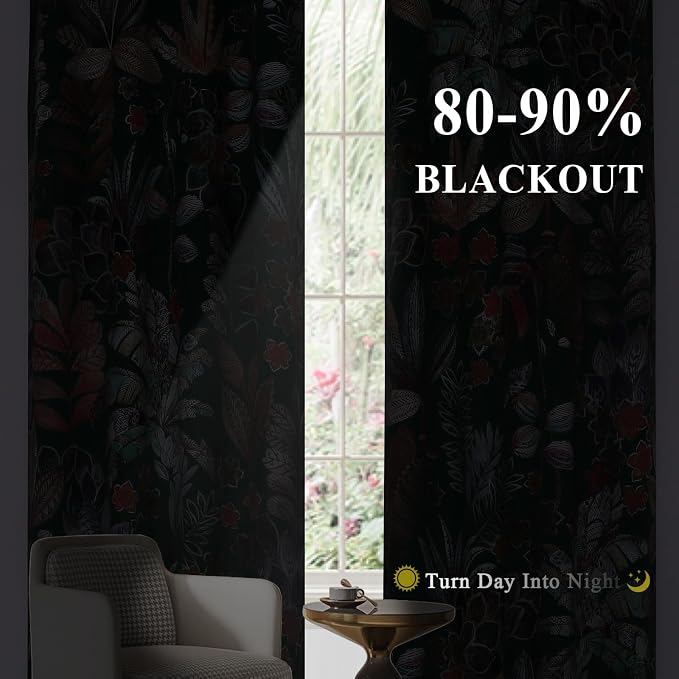 Estelar Textiler Boho Floral Leaves Blackout Curtains 102 inches Long for Living Room,Grommet Thermal Insulated Room Darkening Curtains & Drapes for Bedroom,Green,52x102 Inch,2 Panels