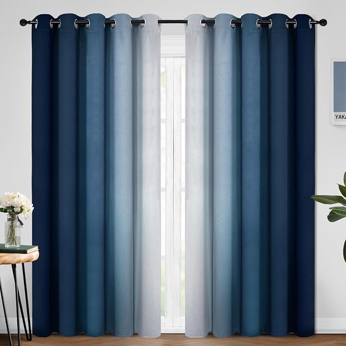 Yakamok Ombre Curtains Blue and Greyish White for Living Room,70Wx84L | Room Darkening Curtains 84,Thermal Insulated Gradient Color Drape,Light Blocking Grommet Window Curtains for Bedroom,2 Panels