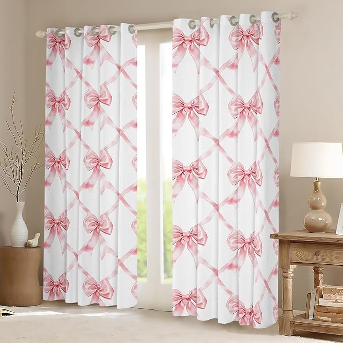 Erosebridal Kawaii Bowknot 52" Wx84 L Window Treatments for Kids Girls Teen,Cute Girly Bow Curtain Pink Bow Window Curtain Watercolor Bow Tie Plaid 30%-50% Blackout Curtains for Bedroom