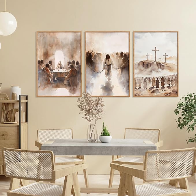 LHIUEM Large Jesus Neutral Framed Canvas Wall Art Set,Christ Church Wall Decor,Christian Bible Story Religious Easter Last Supper Artwork for Living Room,Churches,Prayer Room Decor- 24''x36''x3