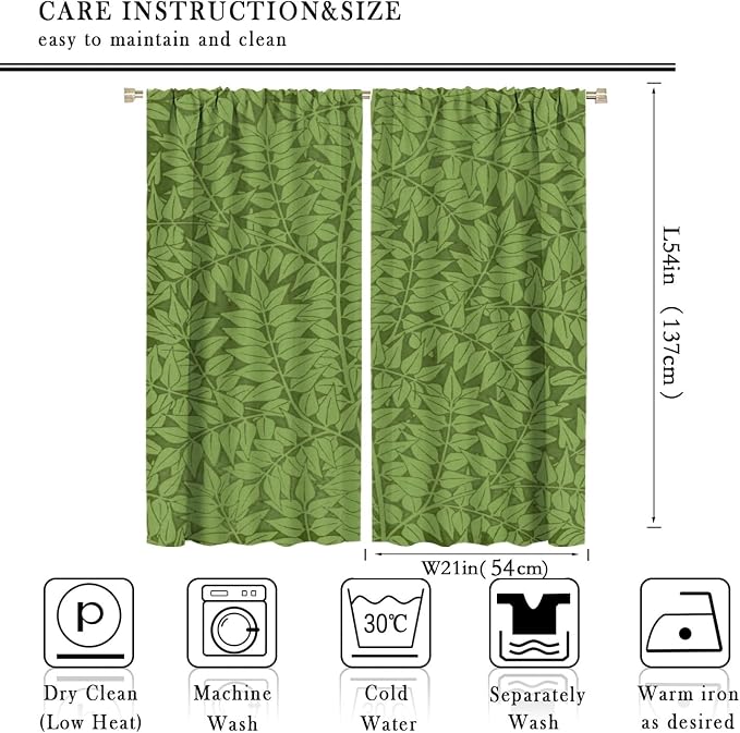 Bohemia Retro William Morris Art Blackout Window Curtains, Flowers Foliage on Green Background Curtains, for Living Room Bedroom 21(W)*54(L) 2 Panels