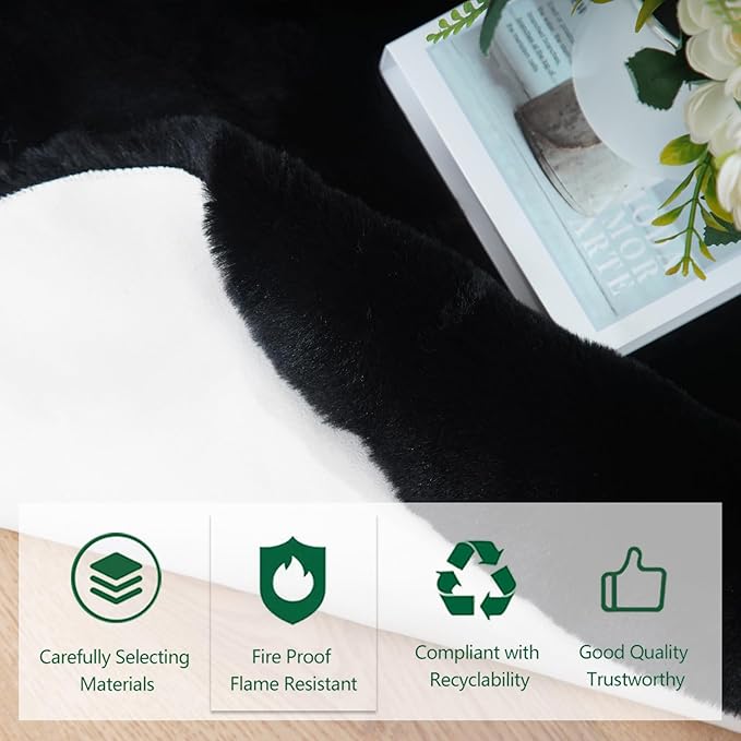 Latepis Black Faux Rabbit Fur Rug 4x6 for Living Room Washable Rug 4x6 Fluffy Faux Sheepskin Plush Shag Rugs for Bedroom Nursery Kids Rugs Luxury Home Decor Sheepskin