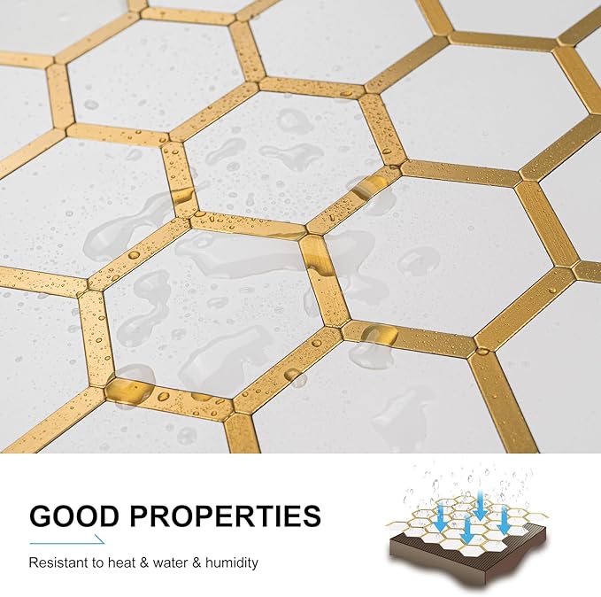 10-Sheet Hexagon Peel and Stick Backsplash Tile Polished White Tile Look Mixed Gold Kitchen Backsplash Peel and Stick Wall Tiles
