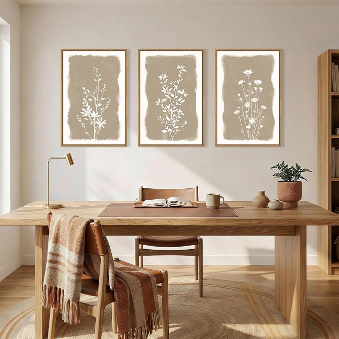 Neutral Beige Floral Silhouette Framed Canvas Wall Art Set,Modern Boho Minimalist Botanical Wildflower Wall Decor,Vintage Natural Creamy Flower Artwork for Living Room,Farmhouse-16 x24 x3