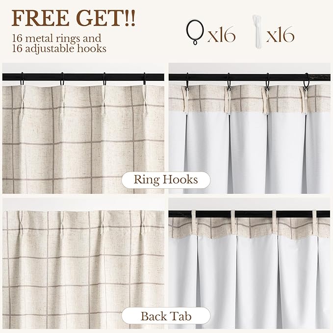 THREE GIRLS Linen Plaid Checkered Blackout Curtains Gingham Double Layer for Living Room,Bedroom,Dining Room 108 Inches Long 2 Panels Set Patterned Printed Design Insulated Pinch Pleated