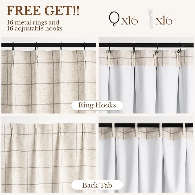 THREE GIRLS Pinch Pleated Plaid Curtains Blackout Linen Gingham Curtains for Living Room,Bedroom Checkered Patterned Insulated 84 Inches Long Double Layer 2 Panels Set Printed Design Darkening