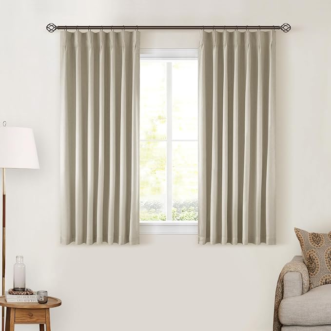 Greyish Beige Linen Blackout Curtains 45 Inch Length 2 Panels Pinch Pleated Back Tab Short Curtains for Kitchen with 100% Blackout Liner Neutral Farmhouse Drapes for Basement Thermal Insulated Drape