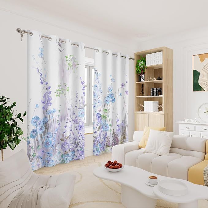 Renaiss Purples Blue Floral Print Blackout Curtains, Pastel Wild Flowers Thermal Insulated Bedroom Window Curtains, Spring Floral Art Window Curtains for Kitchen, 45" L x 29" W 2 Panel Set