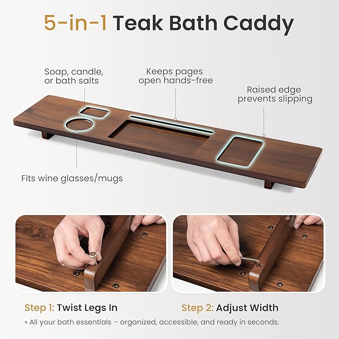 Teak Bathtub Tray for Freestanding Bath, 39" Extra Thick Adjustable Spa Caddy - Non-Slip Anti-Tip Wood Organizer for iPad, Wine & Book - Rich Walnut Brown Finish, Perfect Self-Care Gift