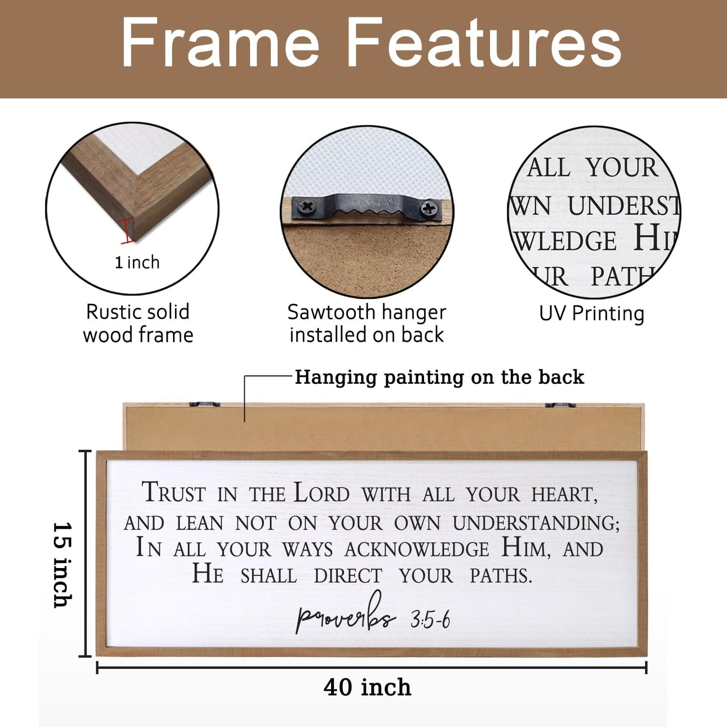 Trust in the Lord With All Your Heart Bible Verse Framed Wall Art, 40''×15'' Rustic Religious Christian Proverbs 3:5-6 Sign, Horizontal Holy Inspirational Catholic Scripture Decor