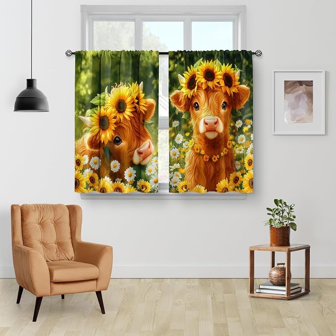 Highland Cow Sunflower Kitchen Curtains - Cute Country Rustic Farmhouse Short Cafe Curtains Decor for Dining Room Tier Curtains Over Sink Rod Pocket Window Drapes 30 Inch Length 2 Panels Set, 28"x30"