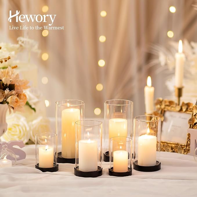 Hewory Hurricane Candle Holder for Pillar Candles: Black Votive Candle Holders Set of 6, Glass Hurricane with Metal Candle Plate, Pillar Candle Holder for Table Centerpiece Wedding Holiday Home Decor