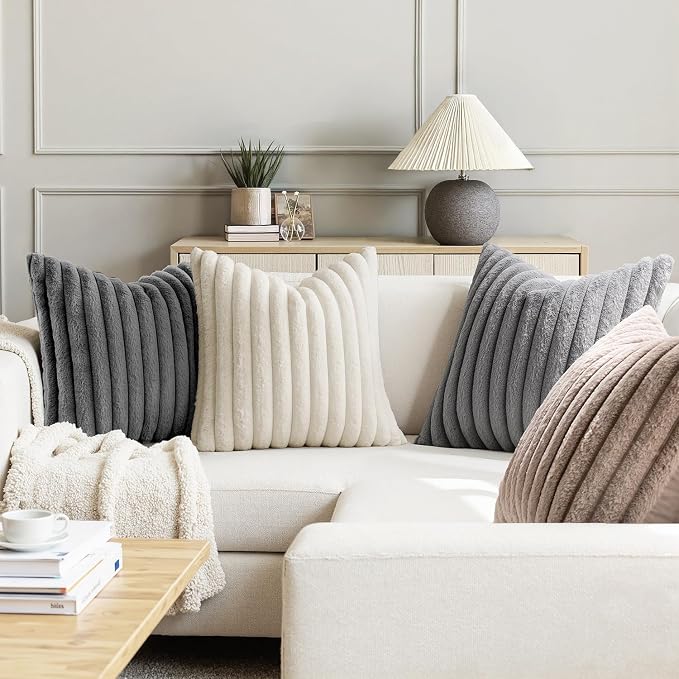 MIULEE Faux Fur Plush Decorative Throw Pillow Covers 18x18 Set of 4, Boho Farmhouse Soft Fuzzy Striped Cushion Covers for Sofa Couch Bed Living Room Vintage Rustic Home Decor,Grey Taupe