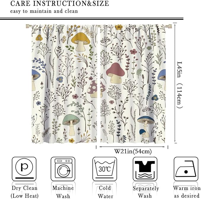 Mushroom Semi Sheer Curtains,Colorful Plant Forest Botanical Print Window Treatments for Bedroom Living Room Kitchen Cartoon Herbs Floral Window Drapes 2 Panels Set,Total Size 42 x 45 Inch
